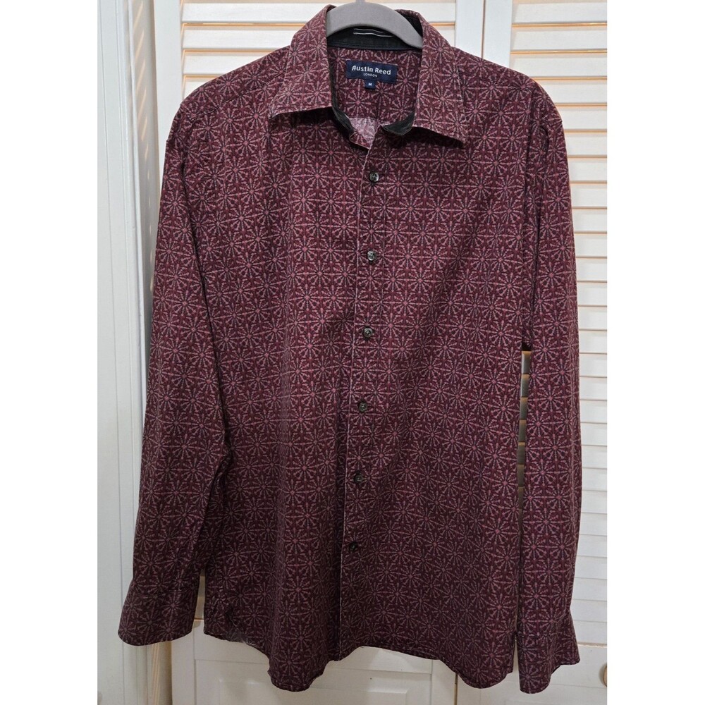 Vntg 90s Austin Reed Burgundy Red Fractal Print Men's Button Down Shirt M